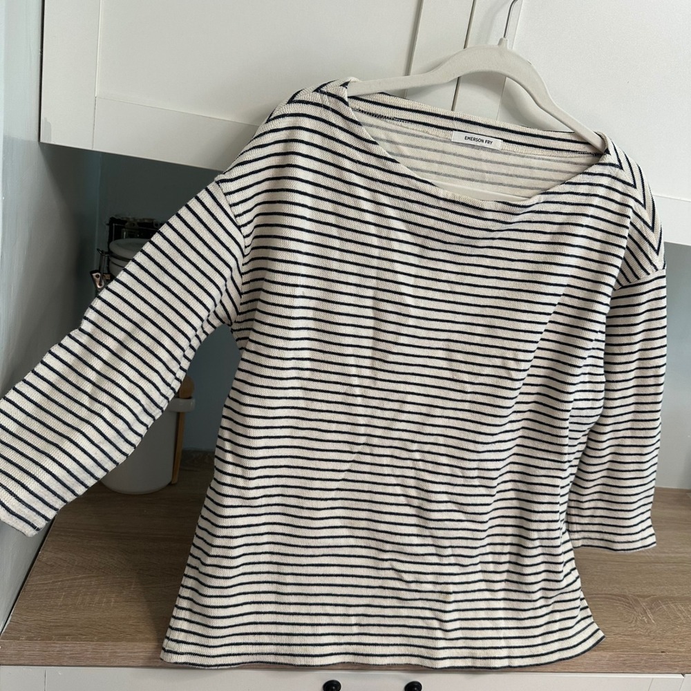Emerson Fry Organic Boxy Stripe 3/4 Sleeve Top Womens OS Cream Navy Boat Neck - Picture 3 of 10